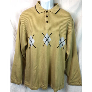 Adolfo golf sweater M Argyle Gold 3 button polo collar long sleeve Knit Preppy